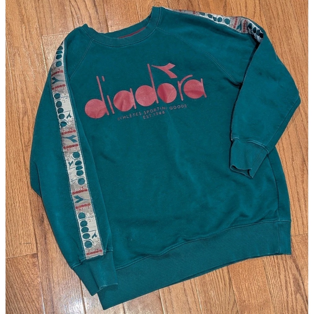 Y2K Retro Streetwear Diadora Logo Tape Crewneck Sweatshirt Teal US Medium